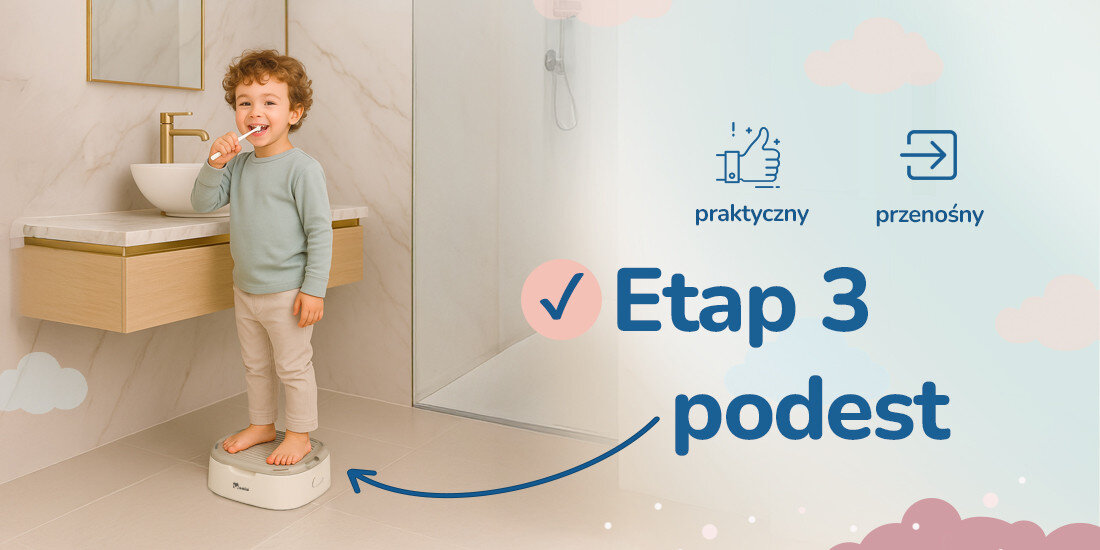 Wielofunkcyjny nocnik dla dzieci MOMINI 3w1 Softi Grey Etap 3 – Podest antypoślizgowy solidny, szeroki podest siedzisko do ubierania się pomoc