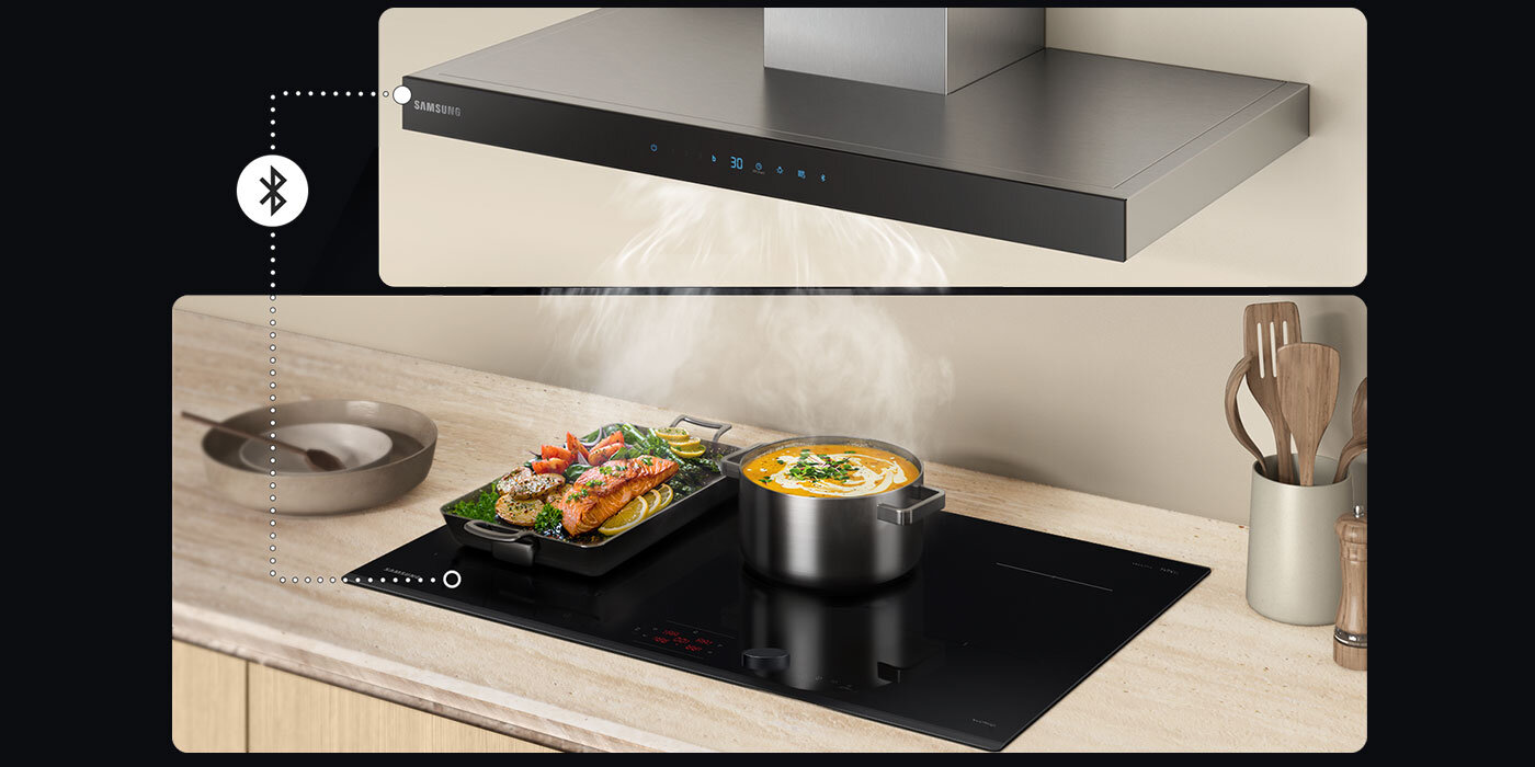 Okap umieszczony nad płytą indukcyjną Samsung NZ85C6058GK 