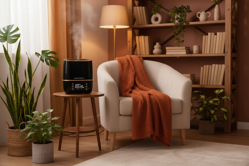 Nawilżacz GÖTZE & JENSEN AH250K Nawilżacz powietrza Gotze & Jensen na małym drewnianym stoliku, obok jasnego fotela z narzuconym na niego kocem w kolorze rdzawym. Urządzenie emituje parę. W tle znajduje się duży, drewniany regał z książkami i lampa podłogowa. Wokół widoczne są liczne rośliny.