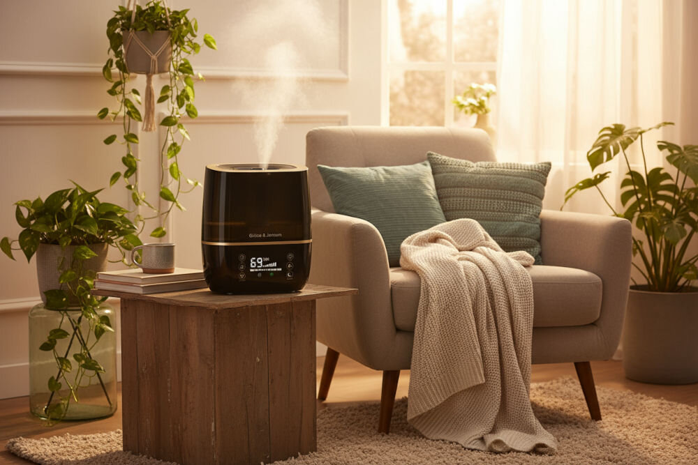Nawilżacz GÖTZE & JENSEN AH250K Nawilżacz powietrza Gotze & Jensen na małym, rustykalnym drewnianym stoliku obok beżowego fotela. Urządzenie emituje parę, a na wyświetlaczu widoczna jest wilgotność 69%. Scena jest jasna i pełna zielonych, wiszących i stojących roślin doniczkowych.