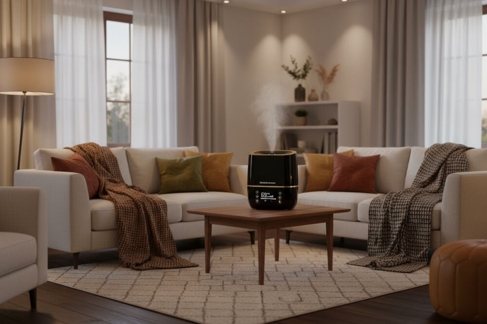 Nawilżacz GÖTZE & JENSEN AH250K Nawilżacz powietrza Gotze & Jensen umieszczony na drewnianym stoliku kawowym w eleganckim salonie. Wokół stolika ustawione są jasne sofy z licznymi poduszkami i kocami w odcieniach brązu, pomarańczy i oliwkowej zieleni. Na wyświetlaczu nawilżacza widoczne jest 69% wilgotności.