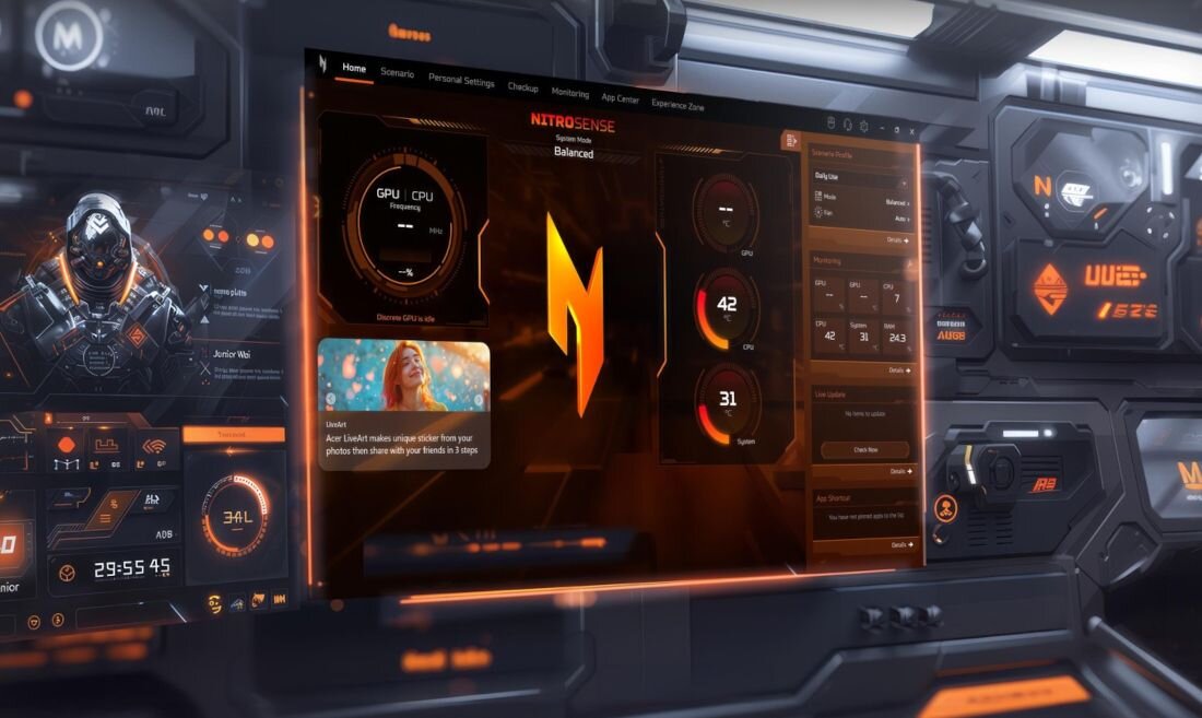 ACER Nitro gaming laptop z interfejsem NitroSense w futurystycznym kokpicie kosmicznym z pomarańczowo-niebieskimi hologramami, pokazującym monitorowanie CPU/GPU w czasie rzeczywistym, zarządzanie wentylatorem, profile wydajności Balanced/Performance/Eco, temperatury 42°C GPU i 31°C CPU oraz kontrolę systemu dla optymalnej wydajności gamingowej - NitroSense Bateria 76 Wh