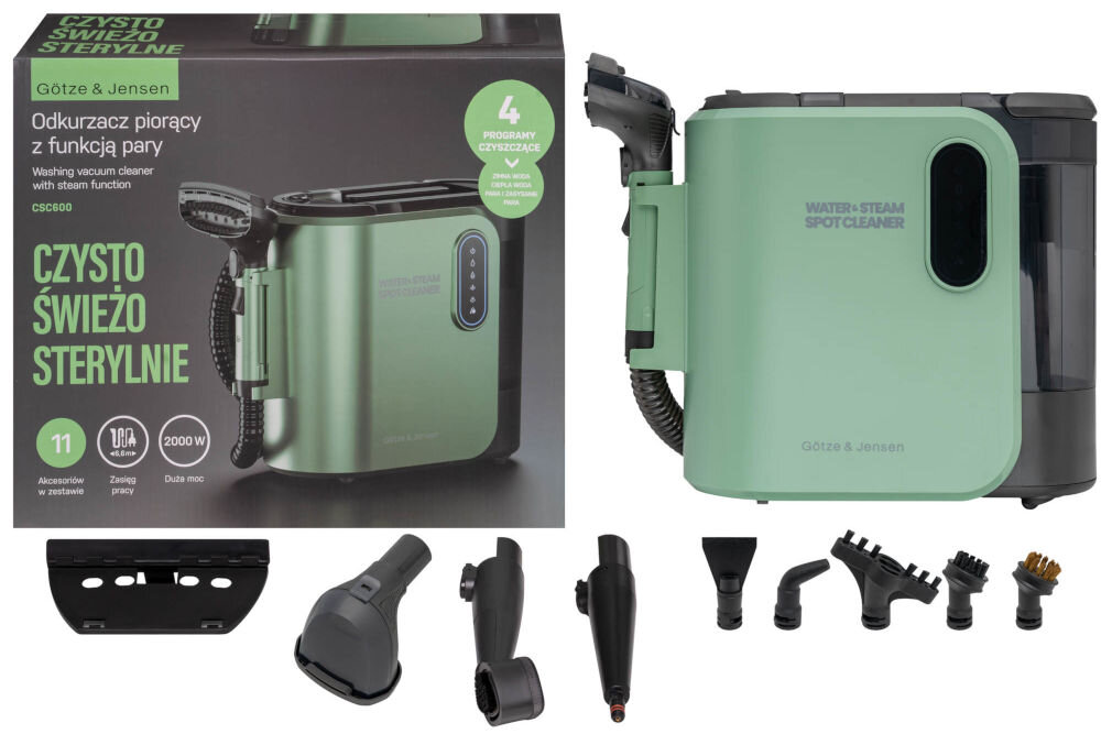 ODKURZACZ PIORĄCY SPOTCLEAN GOTZE&JENSEN CSC600 z funkcją prania osuszania usuwania nadmiaru wody szybkiego schnięcia tapicerki Zdjęcie prezentujące produkt: Odkurzacz piorący z funkcją pary Götze & Jensen CSC600 w kolorze zielono-czarnym. Z lewej strony widoczne jest opakowanie z hasłem CZYSTO ŚWIEŻO STERYLNIE i kluczowymi cechami. Z prawej widoczny jest odkurzacz i zestaw akcesoriów na dole.