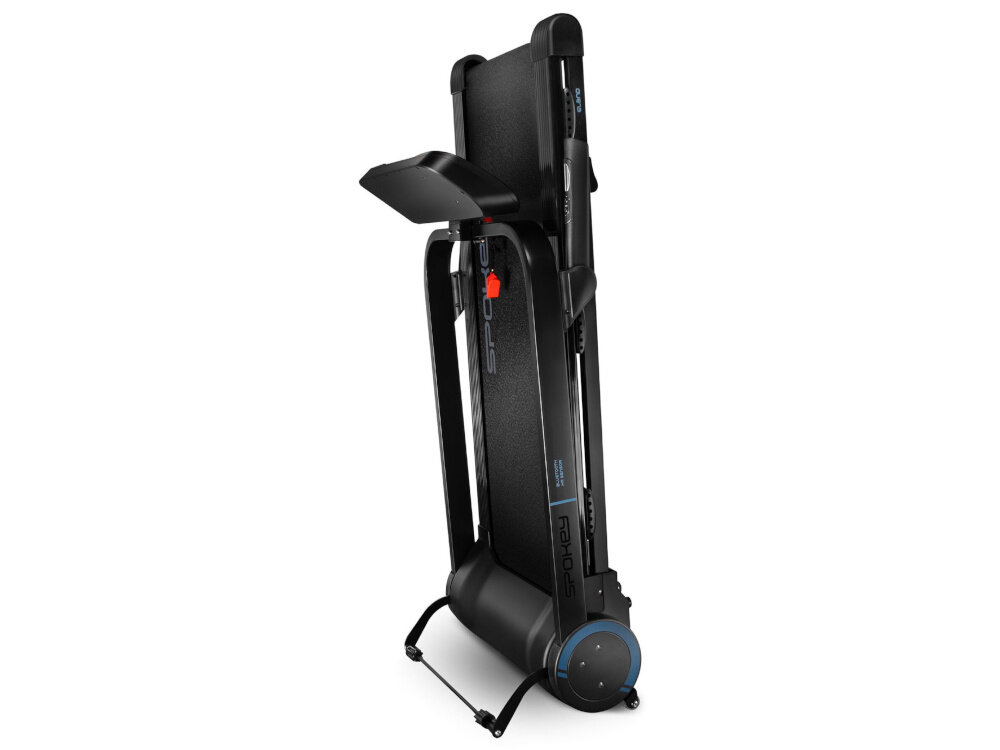 Bieżnia elektryczna SPOKEY Eland 2500W 18km-h skladana konstrukcja funkcjonalne rozwiazanie wymiary poz zlozeniu 160 x 74 x 43 cm przechowywanie w pionie i poziomie wbudowane kolka transportowe