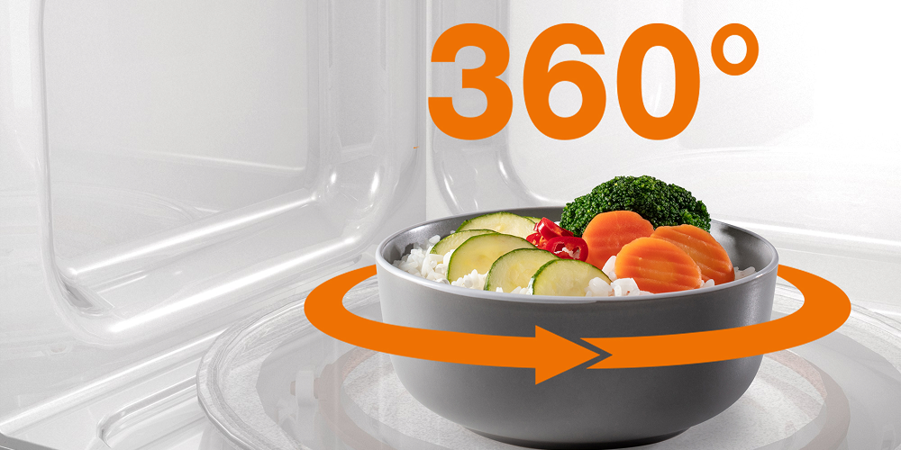 KUCHNIA MIKROFALOWA GORENJE MO20E1WH talerz obrotowy kubek strzałki kierunki obrót 360 talerz obrotowy równomierne podgrzewanie idealne gotowanie podgrzewanie potraw