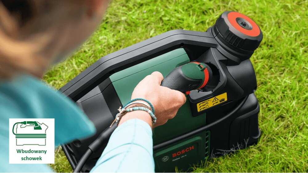 Myjka ciśnieniowa BOSCH Fontus 18 V-6 Bike Cleaner Solo 06008B6200 uchwyt na pistolet, wygodny dostęp, gotowość do pracy