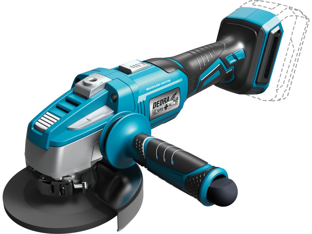 Szlifierka kątowa DEDRA DED7151 szlifierka na białym tle widoczna od przodu pod skosem zaznaczony na szaro akumulator do cięcia szlifowania wygładzania dla majsterkowiczów mobilna praca zasilanie akumulatorowe