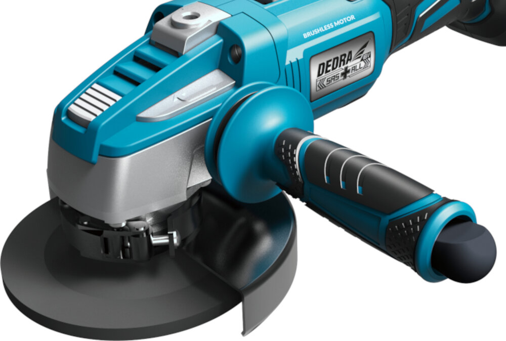Szlifierka kątowa DEDRA DED7151 zbliżenie na osłonę tarczy beznarzędziowa regulacja położenia osłony tarczy bezpieczeństwo użytkownika praktyczny schowek w rękojeści bocznej przechowywanie klucza do wymiany tarczy