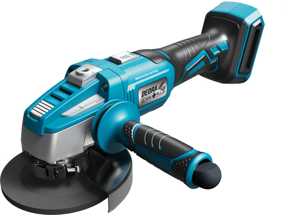 Szlifierka kątowa DEDRA DED7151 szlifierka na białym tle widoczna od przodu pod skosem bez akumulatora bezpieczny włącznik zapobiega przypadkowemu uruchomieniu narzędzia ochrona podczas pracy transportu i przechowywania wydłużona obudowa duży zasięg pracy ułatwia operowanie waga 1,8 kg efektywność i komfort użytkowania