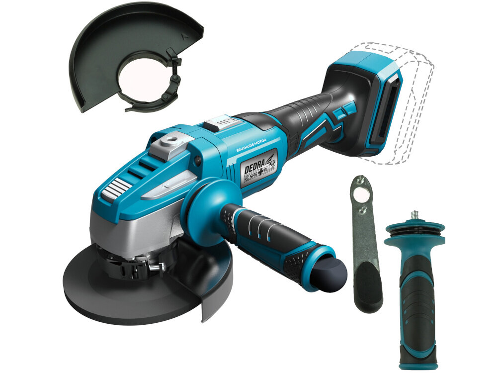 Szlifierka kątowa DEDRA DED7151 zestaw na białym tle w zestawie szlifierka rękojeść pomocnicza osłona tarczy do szlifowania, klucz do wymiany tarczy dokumentacja
