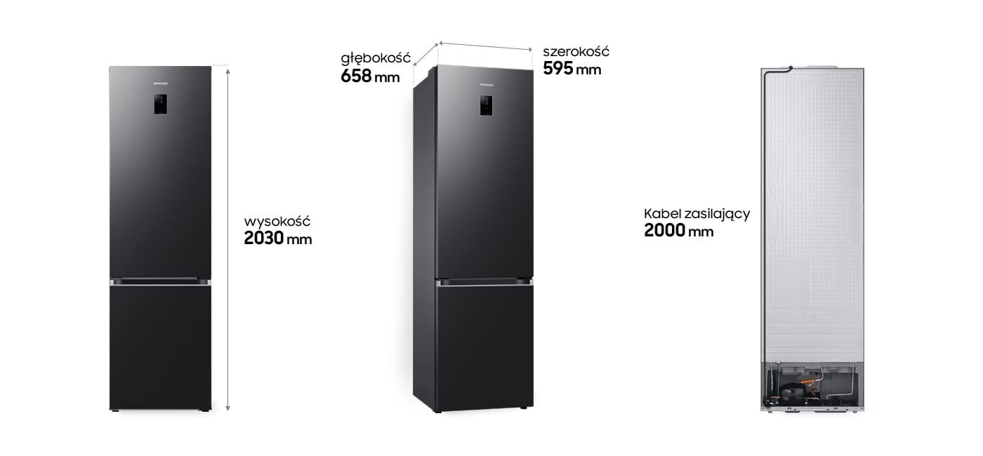 Ilustracja przedstawiająca wymiary lodówki Grand+ z dolnym zamrażalnikiem RB38C774DB1