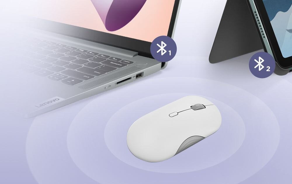 LENOVO 350 technologią Bluetooth® 5.3. Stabilne i energooszczędne połączenie przełączać się między dwoma urządzeniami Bezprzewodowa mysz Lenovo popularnymi systemami operacyjnymi - mysz z polem bluetooth