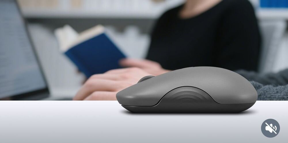LENOVO 350 Lenovo 350 Bluetooth Silent Mouse Ciche kliknięcia ergonomiczna konstrukcja Konfigurowalne przyciski oraz 3-stopniowa regulacja DPI do 2400 - mysz od boku na tle biura
