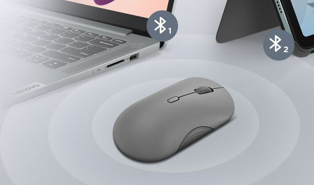 LENOVO 350 technologią Bluetooth® 5.3. Stabilne i energooszczędne połączenie przełączać się między dwoma urządzeniami Bezprzewodowa mysz Lenovo popularnymi systemami operacyjnymi - mysz z polem bluetooth