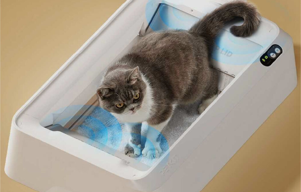 Inteligentna kuweta dla kota PETKIT Purobot Crystal Duo Przestrzeń dopasowana do kota Cztery czujniki Otwarta, przestronna forma 350 × 350 mm wymiary wejście na wysokości 18 cm Panel z diodami LED  infromacja Wi-Fi przycisk na obudowie 