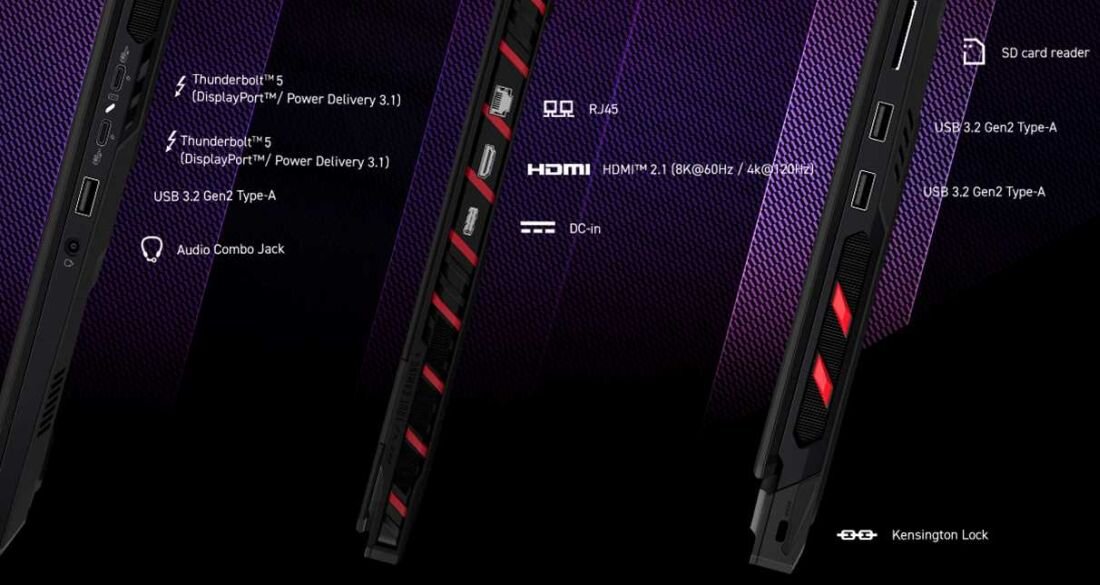 Laptop MSI Raider 18 HX AI z widocznymi portami – 2x Thunderbolt 5 3x USB 3.2 Gen2 HDMI 2.1 czytnik kart SD RJ45