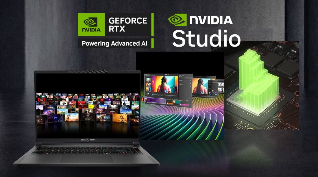 MSI Stealth laptop z logo NVIDIA Studio na tle interfejsu kreatywnego z Adobe Premiere Pro i modelowaniem 3D, prezentującym karty graficzne GeForce RTX z ray tracingiem, AI acceleration, DLSS 3.0 i Studio Drivers dla twórców, renderowania 3D, edycji wideo 4K i professional workflows w aplikacjach kreatywnych - NVIDIA Blackwell RTX 50 NVIDIA DLSS 4