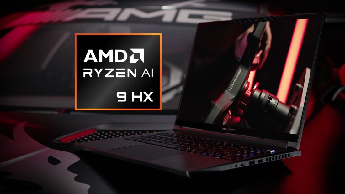MSI Stealth laptop z logo AMD Ryzen AI 9 HX na tle samochodu wyścigowego Mercedes-AMG z czarno-czerwoną kolorystyką motorsport, demonstrującym procesor AMD Ryzen AI 9 HX 370 z architekturą Zen 5, NPU dla AI, zintegrowaną grafiką AMD Radeon 890M i wydajnością do 5.1 GHz dla gaming i AI workloads - AMD Ryzen AI Zen 5   