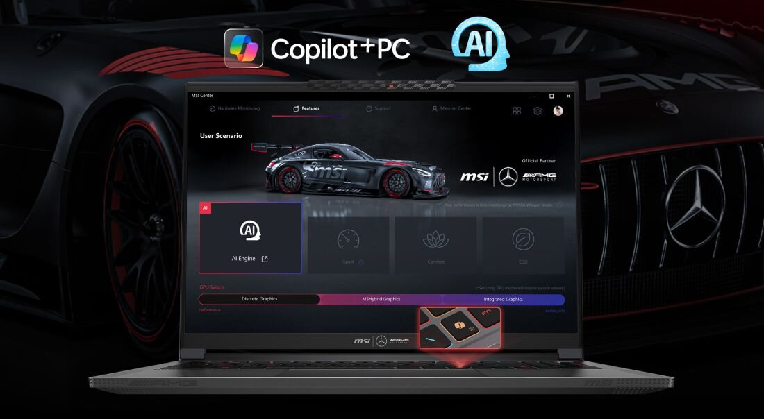 MSI Stealth laptop z interfejsem MSI AI Engine i logiem Copilot+PC na tle wnętrza samochodu Mercedes-AMG, pokazującym automatyczne wykrywanie scenariuszy użycia, optymalizację wydajności AI, inteligentne zarządzanie zasilaniem, adaptacyjne profile pracy, NPU 40+ TOPS dla zadań AI i Microsoft Copilot integration dla produktywności biznesowej - MSI AI Engine Copilot 