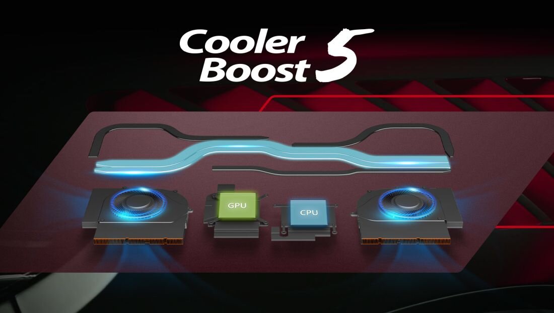 MSI Stealth laptop z technologią Cooler Boost 5 na czerwono-czarnym tle geometrycznym, prezentującym zaawansowany system chłodzenia z podwójnymi wentylatorami centrifugalnymi, współdzielonymi ciepłowodami CPU/GPU, inteligentnym zarządzaniem ciepłem w czasie rzeczywistym, automatyczną regulacją prędkości wentylatorów i funkcją Fn+F12 dla maksymalnej wydajności termalnej podczas intensywnego gamingu - zaawansowany system chłodzenia Cooler Boost 5 