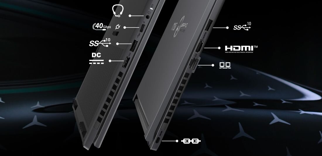 MSI Stealth gaming laptop z portami USB4 i Thunderbolt 4 na czarno-niebieskim tle z efektami podłączenia, pokazującym złącza 40 Gbps dla transferu danych, porty SS 10 USB-A, HDMI z obsługą 8K, DC power input, USB4 z backward compatibility, Thunderbolt 4 daisy-chaining i 100 W Power Delivery dla szybkich połączeń z urządzeniami zewnętrznymi - Port USB4 Type-C Thunderbolt 4 