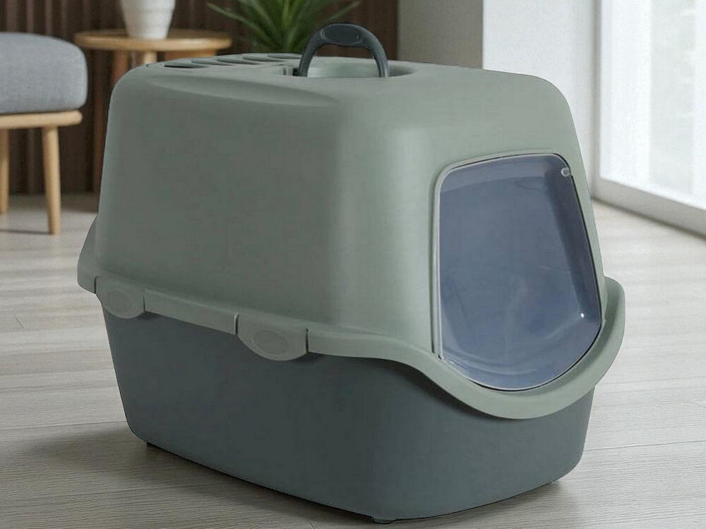 Kuweta dla kota ZOLUX Cathy Eco Zielony postawiona na podłodze w domu w tle meble rośliny