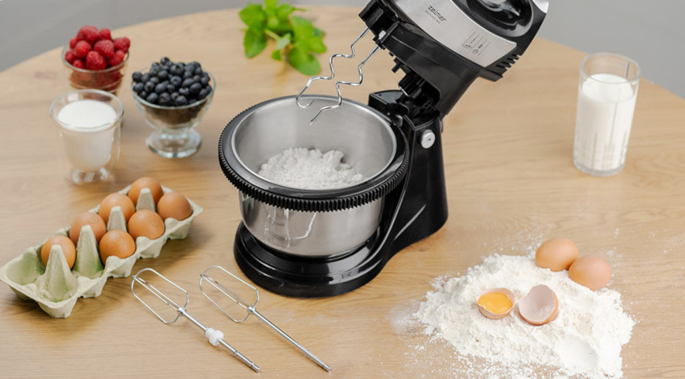 Mikser ZELMER ZHM2459BS wykonanie stal nierdzewna Obrotowa misa pojemność składniki mieszadła haki wyrabianie ciasta wypieki