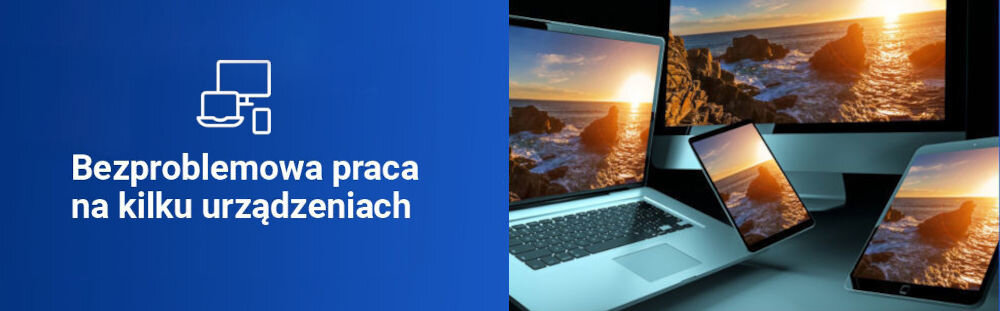 Klawiatura HAMA WK-750 Multi-Device Assist AI,
				możliwość jednoczesnego sparowania z trzema urządzeniami poprzez 1 kanał radiowy i 2 połączenia bluetooth, szybkie przełączanie między urządzeniami za pomocą dedykowanych przycisków,
				 laptop, tablet, smartfon, napis bezproblemowa praca na kilku urządzeniach na niebieskim tle