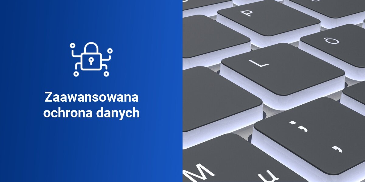 Klawiatura HAMA WK-750 Multi-Device Assist AI,
				bezpieczeństwo danych, szyfrowanie naciśnięć klawiszy zgodnie ze standardem AES-128, 
				biały napis zaawansowana ochrona danych na niebieskim tle, zbliżenie na przyciski
