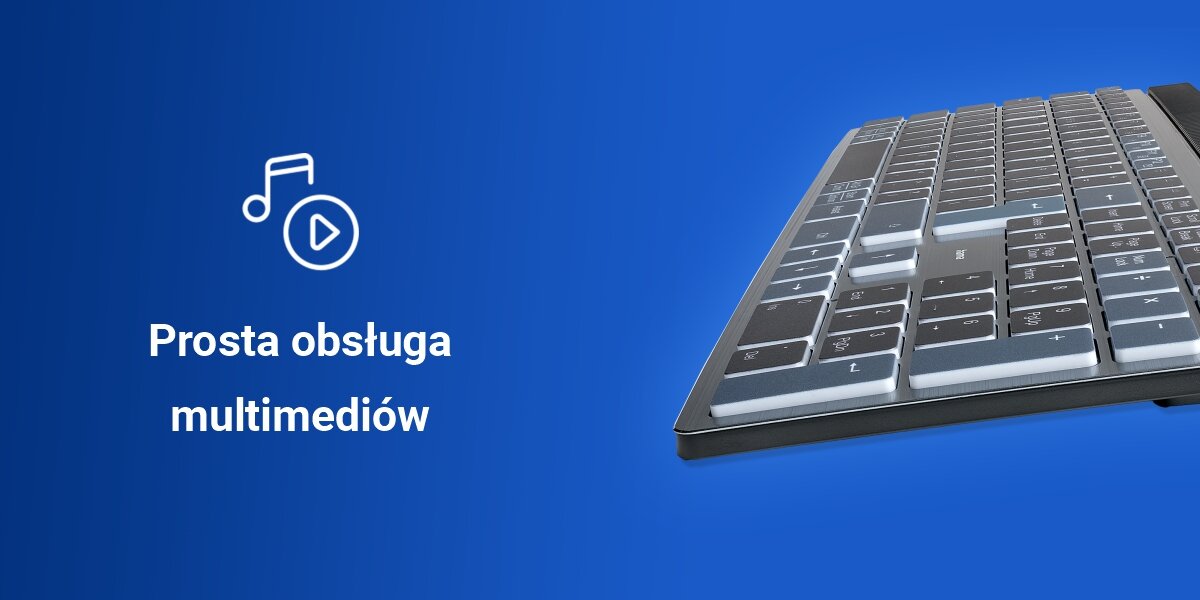 Klawiatura HAMA WK-750 Multi-Device Assist AI 
				szybki dostęp do funkcji, 16
				klawiszy multimedialnych, funkcja FN-Lock, produkt na niebieskim tle bokiem, ikona multimediów, biały napis prosta obsługa multimediów