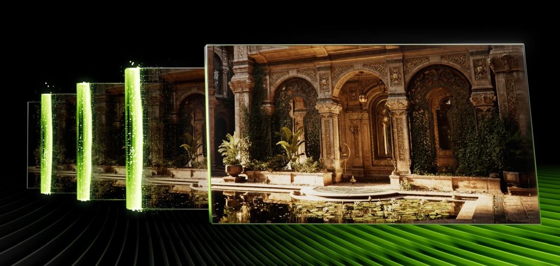 Ekran laptopa MSI Cyborg A17 AI porównuje płynność obrazu – technologia NVIDIA DLSS 4 Ray Tracing Multi Frame Generation