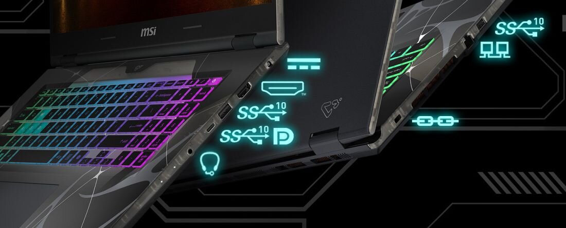 Boczny widok laptopa MSI Cyborg A17 AI z portami USB-C i USB-A – HDMI 2.1 Kensington Lock Microsoft Pluton łączność gamingowa