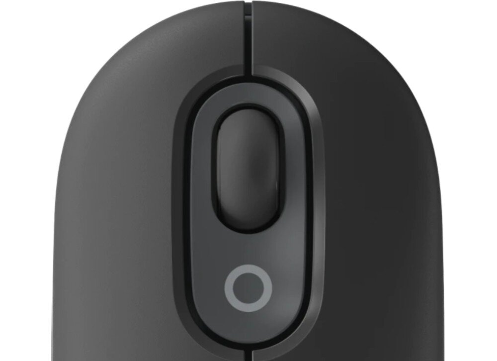 Mysz LOGITECH POP Mouse Graphite zbliżenie na mysz od góry na przycisk zmiany trybu rolki przewijanie działanie