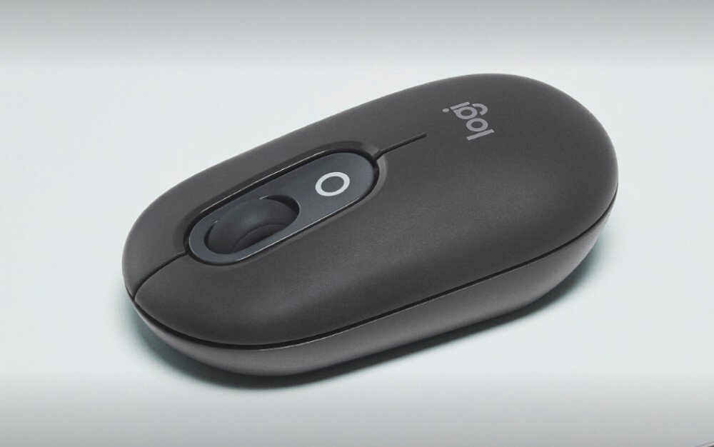 Mysz LOGITECH POP Mouse Graphite widok na mysz od boku przyciski głośność