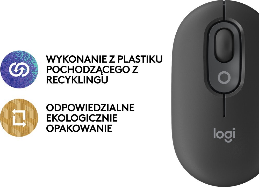 Mysz LOGITECH POP Mouse Graphite widok myszy od góry z informacjami o ekologii