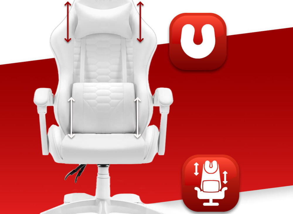Fotel HELL'S CHAIR HC-1000 Ekoskóra Biały prezentacja fotela na czerwono-białym tle strzałkami zaznaczona możliwość regulacji poduszek ikony poduszka lędźwiowa poduszka wspierająca mięśnie karku odpowiednie podparcie dla ciała komfort suwak wymiana wypełnienia indywidualne potrzeby