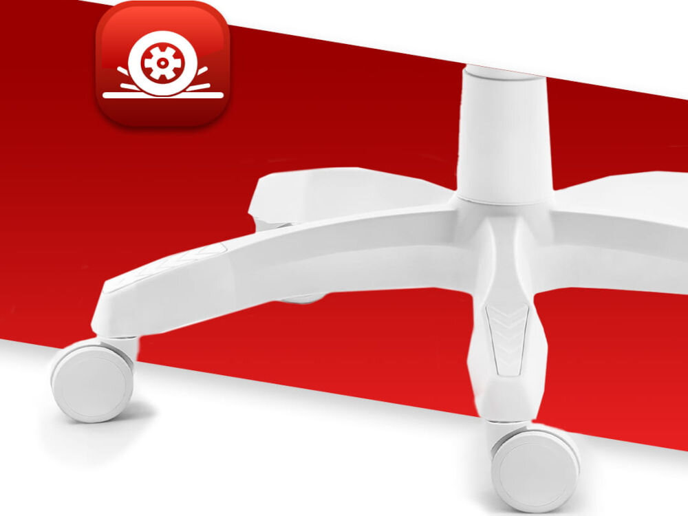 Fotel HELL'S CHAIR HC-1000 Ekoskóra Biały zbliżenie na kółka na czerwono-białym tle ikona kółek poliuretanowo-kauczukowa powłoka cicha i płynna praca ochrona podłogi