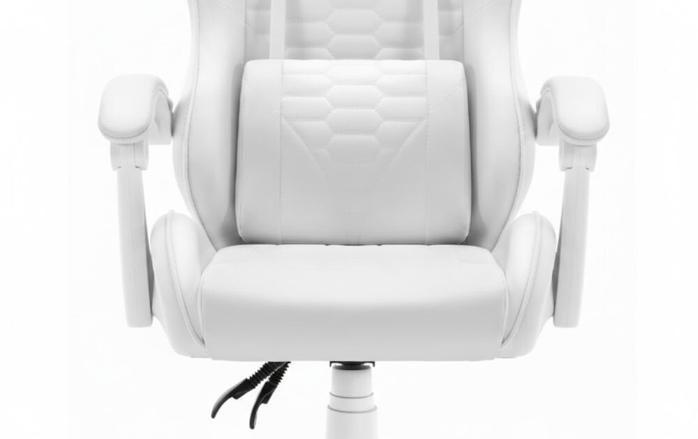 Fotel HELL'S CHAIR HC-1000 Ekoskóra Biały zbliżenie na siedzisko i poduszkę fotela jasne tło dbałość o elementy trwała i praktyczna ekoskóra profilowana poduszka pod lędźwie tapicerowane podłokietniki