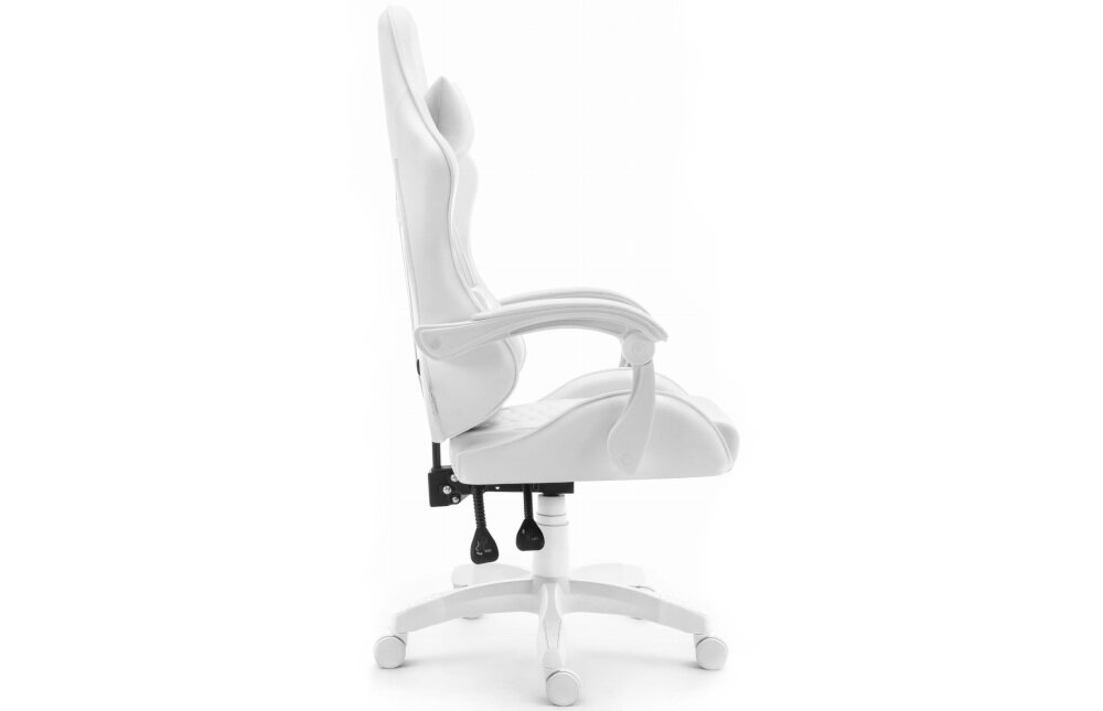 Fotel HELL'S CHAIR HC-1000 Ekoskóra Biały prezentacja fotela od boku na jasnym tle płynnie regulowana wysokość siedziska prawidłowa cyrkulacja krwi redukcja uczucia zmęczenia nóg podnośnik gazowy certyfikat SGS