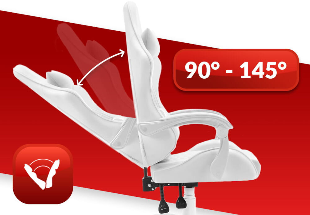 Fotel HELL'S CHAIR HC-1000 Ekoskóra Biały prezentacja fotela od boku i jego możliwej regulacji na czerwono-białym tle płynna regulacja kąta pochylenia oparcia zakres wygodna dźwignia optymalna pozycja dla komfortu
