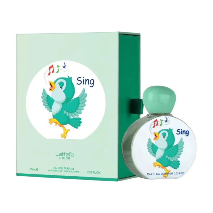 Obraz przedstawia opakowanie i flakon perfum z ilustracją zielonego ptaka śpiewającego nutki, z napisem \'Sing\'. Na opakowaniu widnieje tekst \'Lattafa Pride\' oraz informacje o pojemności 75 ml i rodzaju produktu \'Eau de Parfum\'.