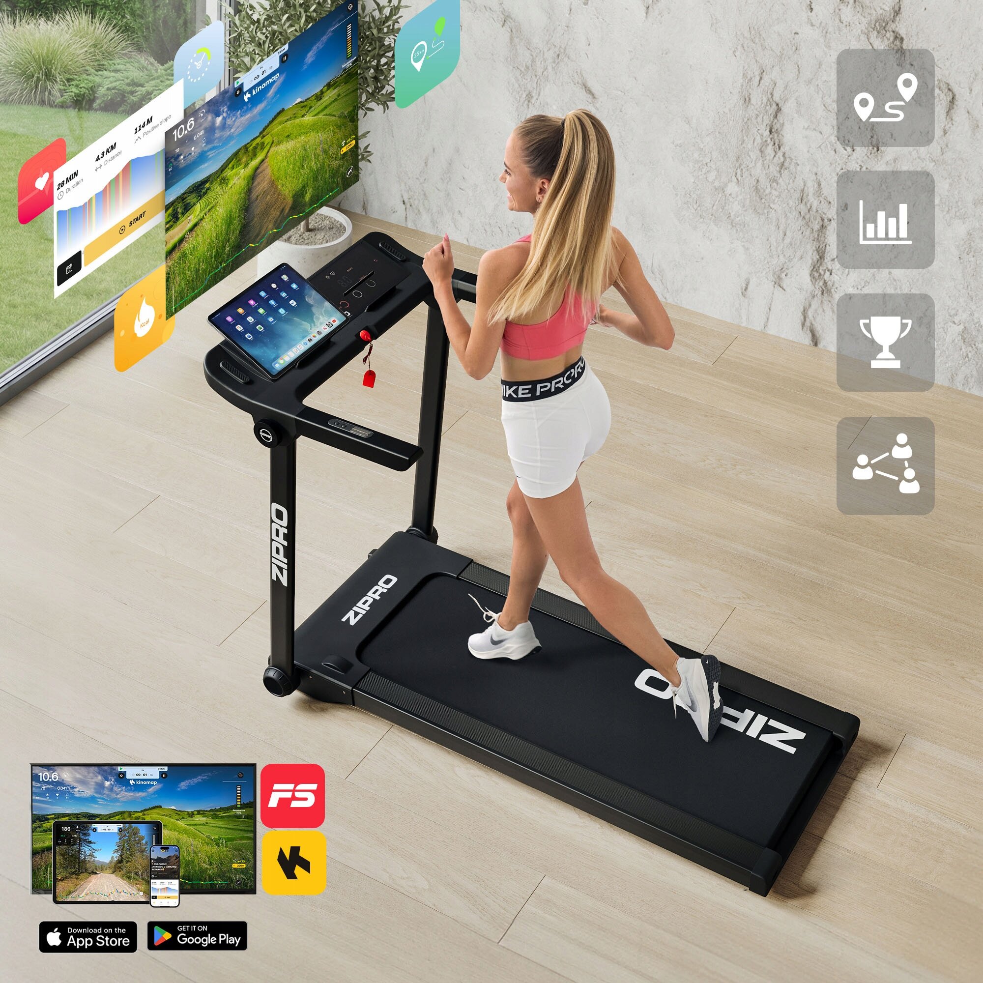 Osoba ćwiczy na bieżni elektrycznej marki ZIPRO, z ekranem wyświetlającym aplikacje fitness. Na podłodze widoczne są ikony aplikacji App Store i Google Play.