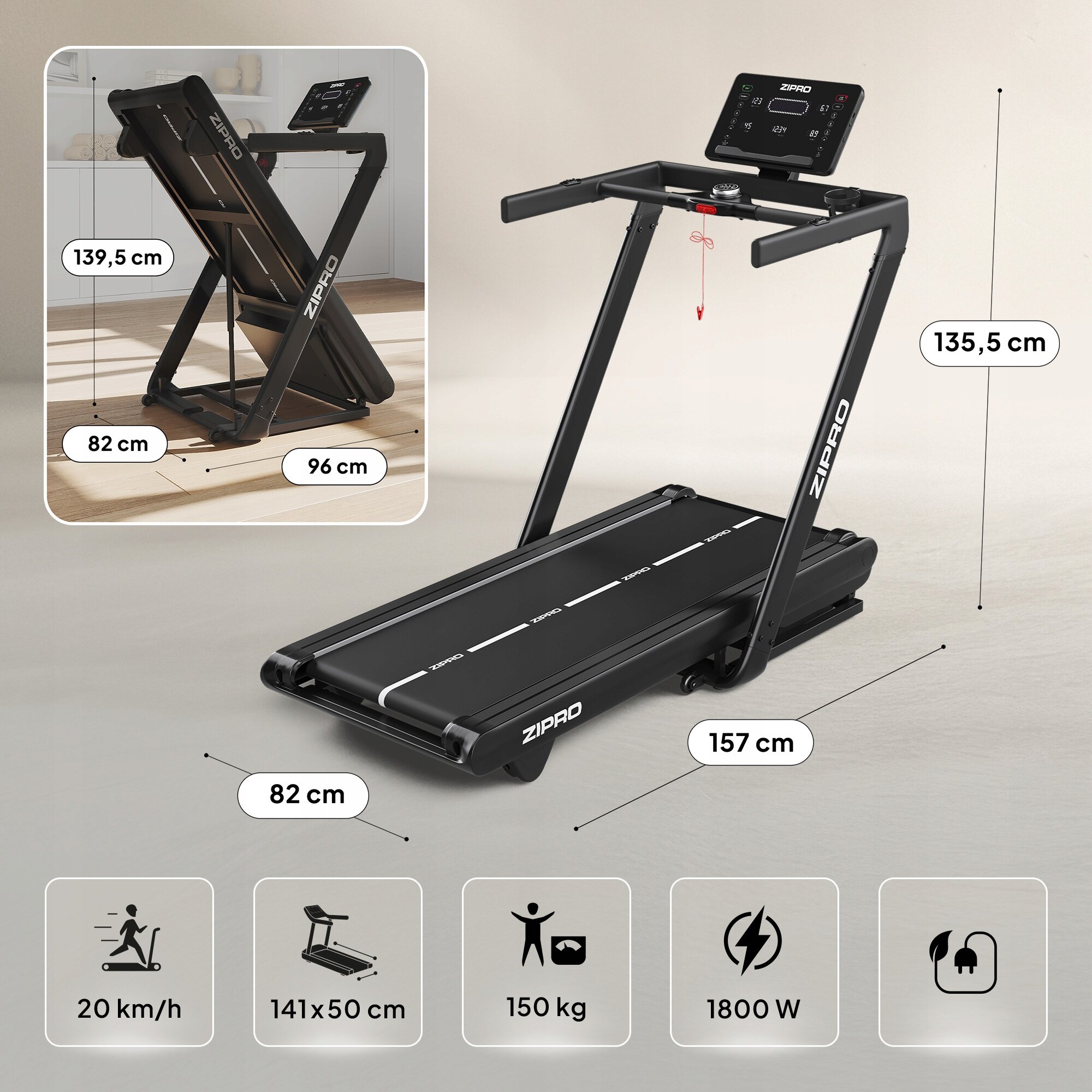 Obraz przedstawia bieżnię treningową Zipro z wyświetlaczem i uchwytami, z wymiarami 157 cm długości, 82 cm szerokości i 135,5 cm wysokości. Na dole znajdują się ikony z informacjami: prędkość 20 km/h, wymiary pasa 141x50 cm, maksymalna waga użytkownika 150 kg, moc 1800 W.