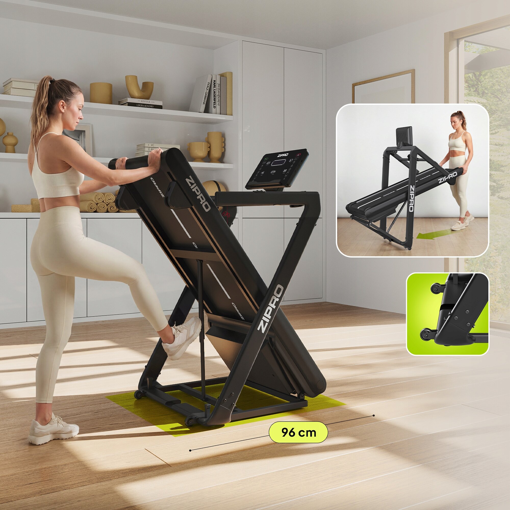 Kobieta w stroju sportowym korzysta z bieżni treningowej Zipro, która jest złożona i ustawiona pionowo. Na obrazie widoczny jest również wymiar 96 cm oraz zbliżenie na kółka bieżni.