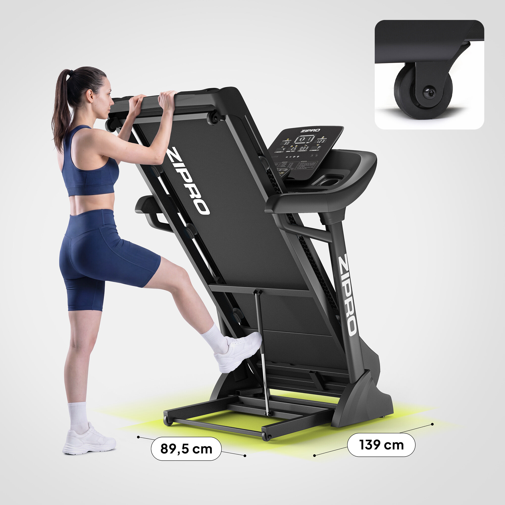 Kobieta w sportowym stroju korzysta z bieżni treningowej z widocznym logo ZIPRO. Obok znajduje się zbliżenie na kółko bieżni oraz wymiary: 89,5 cm i 139 cm.