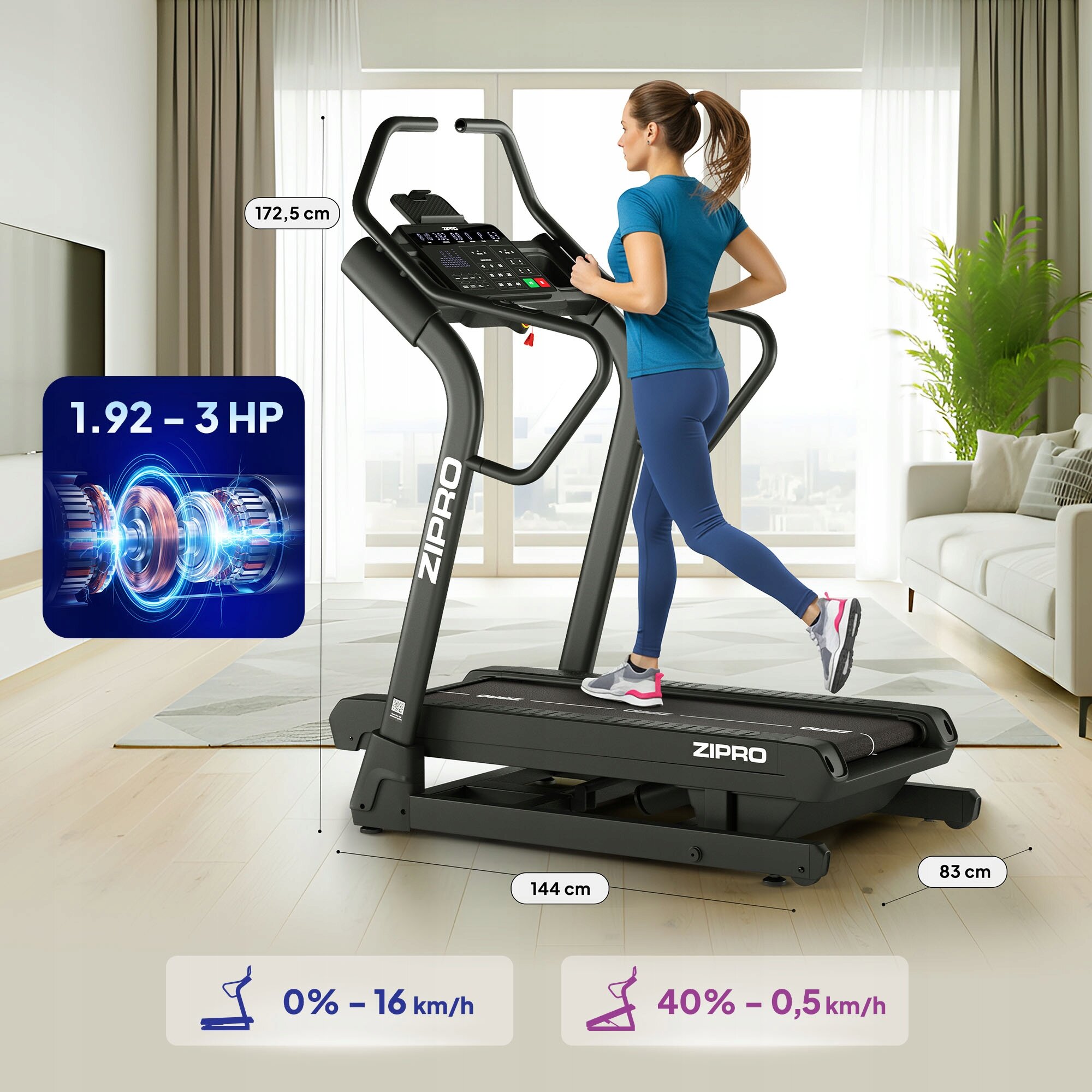 Osoba ćwiczy na bieżni elektrycznej Zipro w jasnym pokoju z dużymi oknami. Na obrazie widoczne są parametry: 1.92 – 3 HP, 0% – 16 km/h, 40% – 0,5 km/h oraz wymiary 172,5 cm, 144 cm i 83 cm.