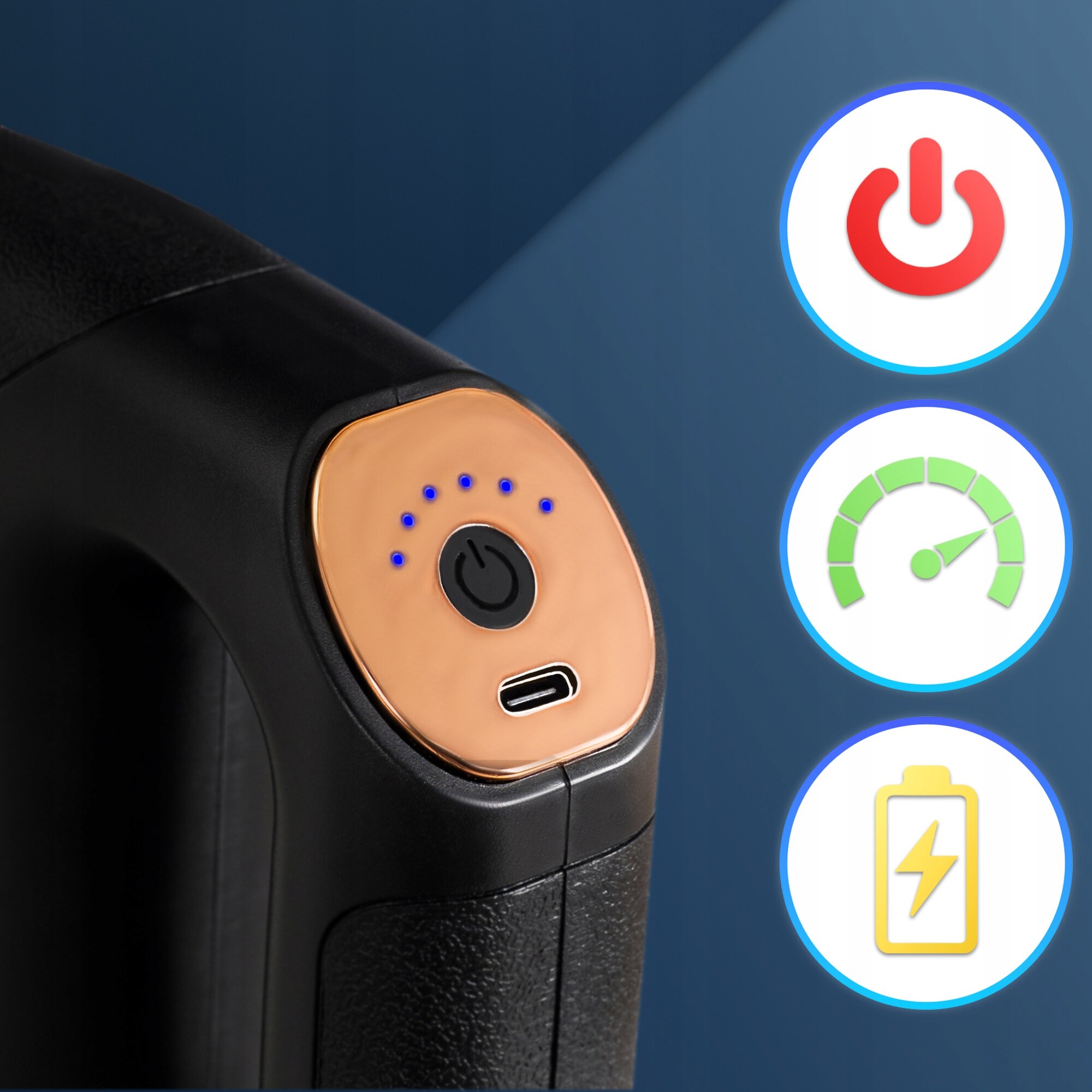 Zbliżenie na panel sterowania urządzenia z przyciskiem zasilania, portem USB-C i pięcioma niebieskimi diodami. Obok widoczne są trzy ikony: czerwona ikona zasilania, zielony wskaźnik prędkości i żółta ikona baterii.