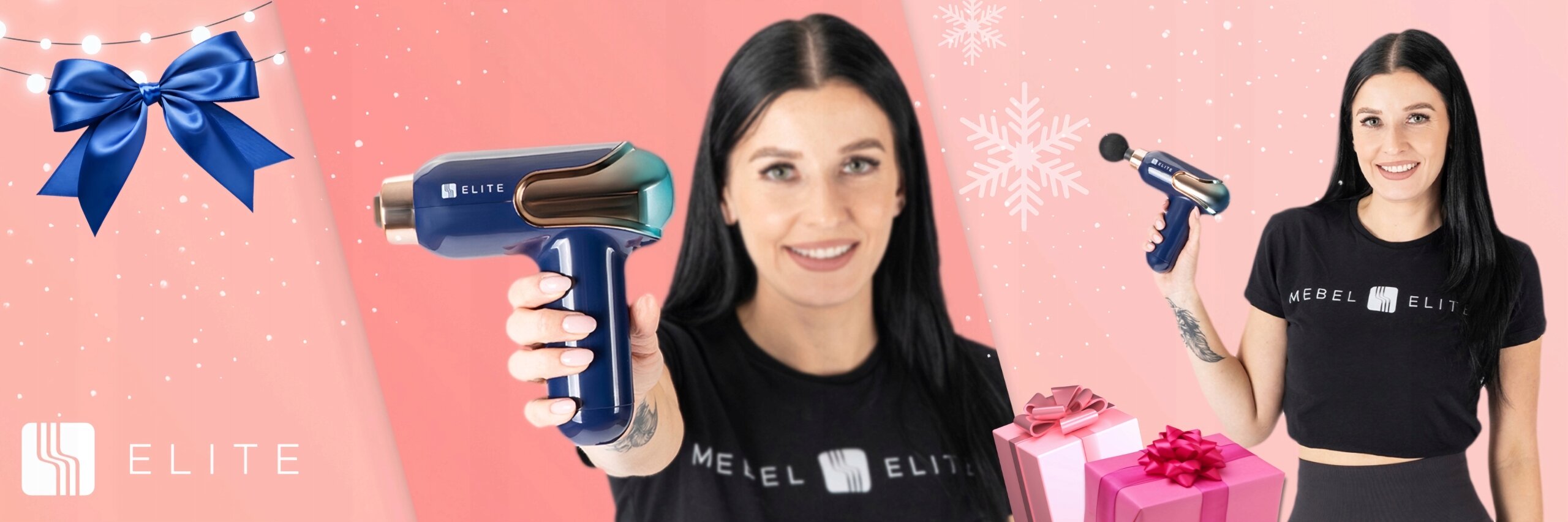 Kobieta trzyma niebieski pistolet masujący z logo \'ELITE\', ubrana w czarną koszulkę z napisem \'MEBEL ELITE\'. W tle widoczne są różowe pudełka prezentowe i niebieska kokarda.