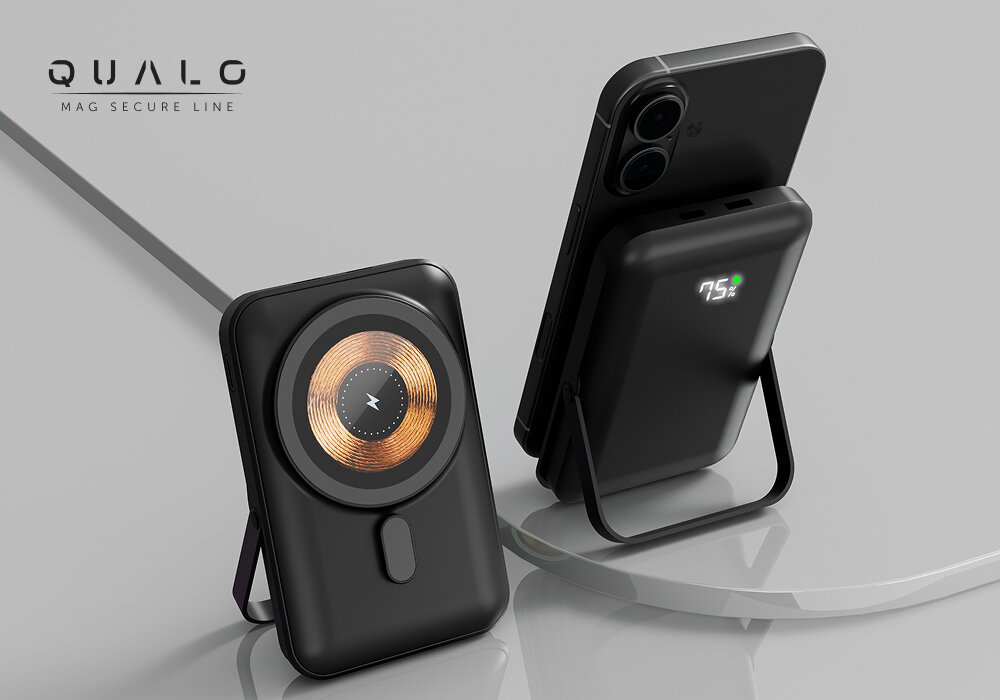 Powerbank QUALO QMPB5-LD-00 MagSafe 10000 mAh Biały, Technologia dla Twojej wygody, Powerbank oparty o swój stojak, obok telefon oparty o ten sam powerbank i oparcie