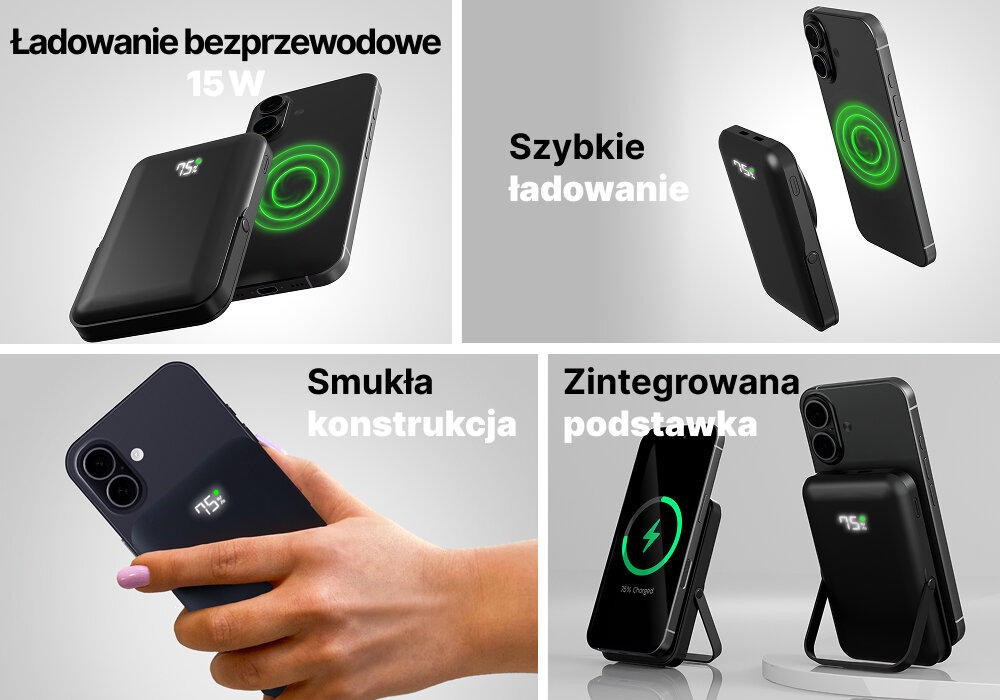 Powerbank QUALO QMPB5-LD-00 MagSafe 10000 mAh Czarny, Szybko, łatwo, stylowo, 4 zdjęcia w 1 obrazku - na obrazku przedstawione zalety urządzenia